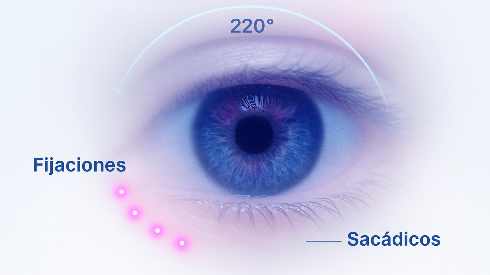 Infografía con ojo real, arco 220°, puntos de fijación y flecha de sacádicos